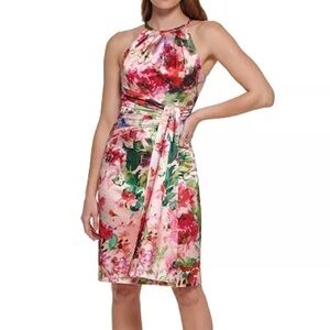 Eliza J Floral Side-Drape Midi Satin Halter Dress Pink Red Green Purple NWT